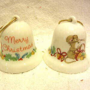 VTG PAIR OF PORCELAIN CHRISTMAS BELLS W/CUTE DESIGN, HAND PAINTED